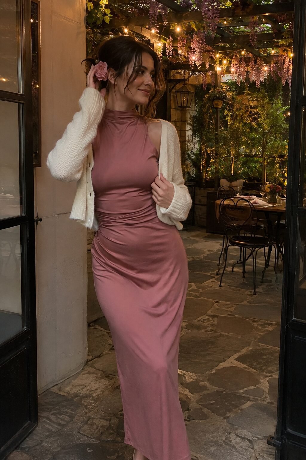 elegant date night outfit: dusty rose silk slip dress layered with an ivory cropped cardigan