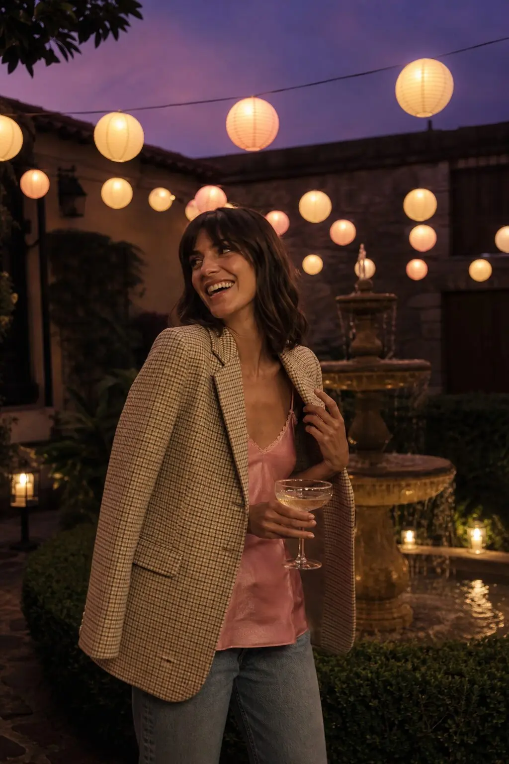 casual halloween party outfit: checked oat blazer over a silk cami