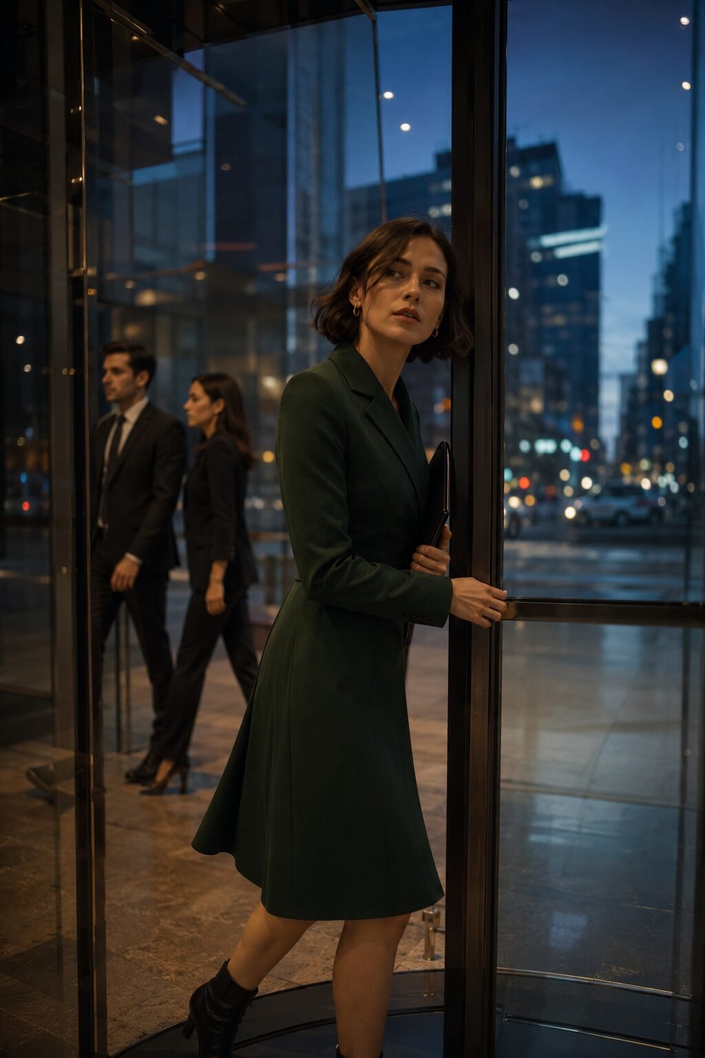meeting-to-dinner wrinkle-resistant outfit: forest green ponte knit blazer dress with ankle boots