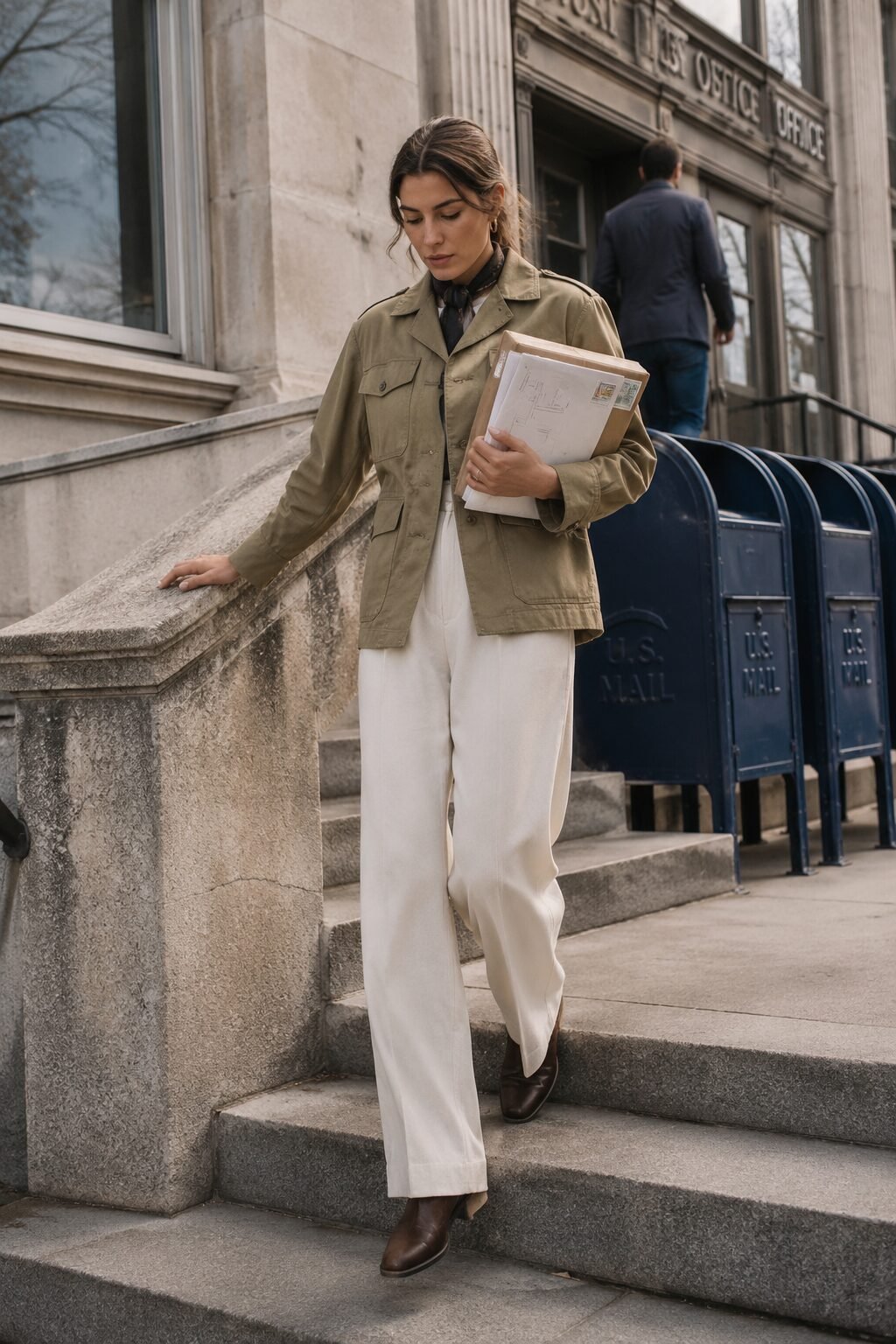 elegant errand outfit: khaki utility jacket with fluid ivory trousers
