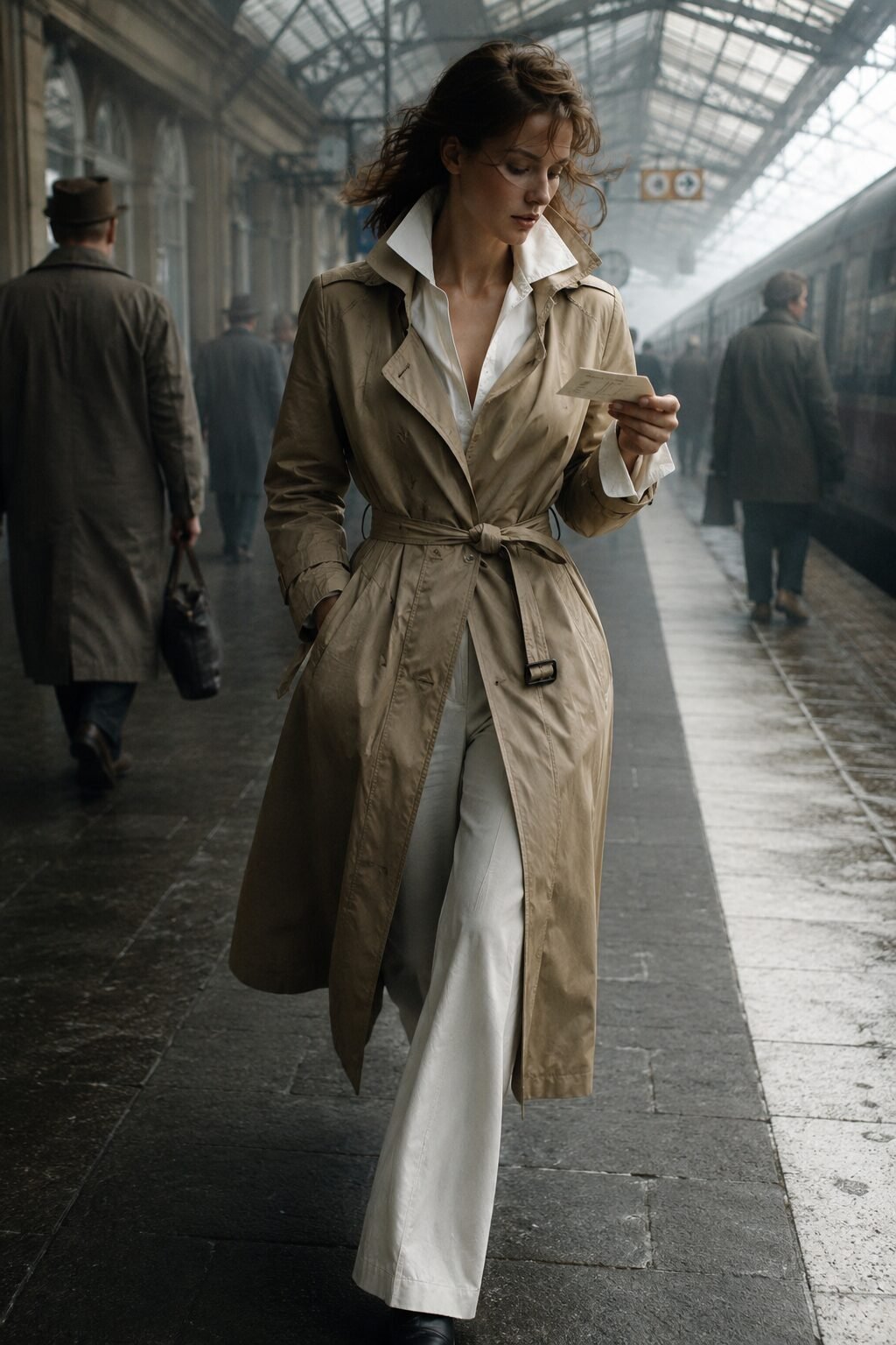 woman wearing a white button-down shirt collar popped over a belted khaki trench coat for a travel outfit
