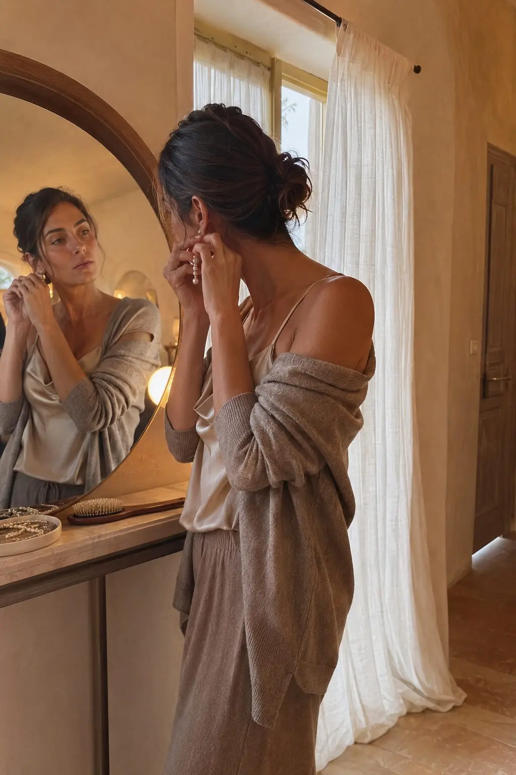 champagne and taupe work from home outfit: silk cami and open cardigan with wide-leg knit pant