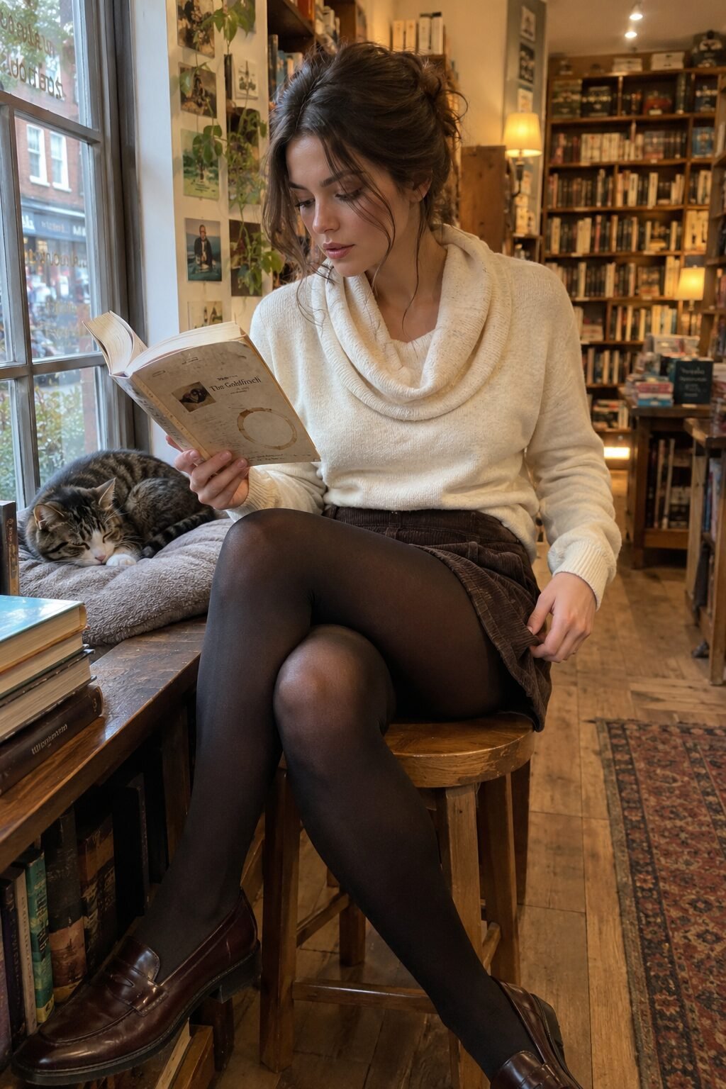 cozy fall brunch outfit: ecru draped cowl-neck sweater with black walnut corduroy mini skirt and cocoa penny loafers