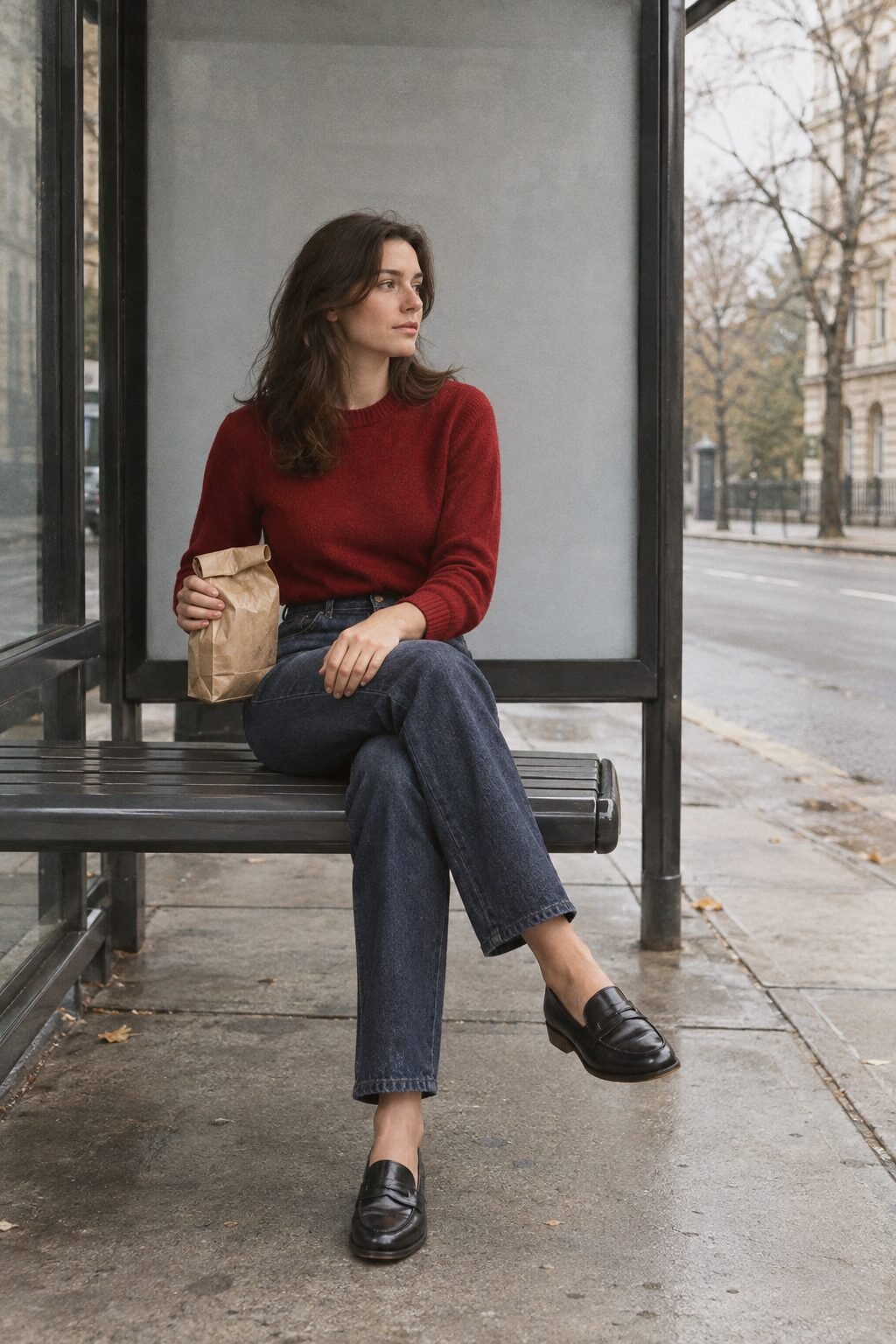 cashmere outfit for winter: crimson cashmere crewneck sweater tucked into dark indigo straight-leg jeans