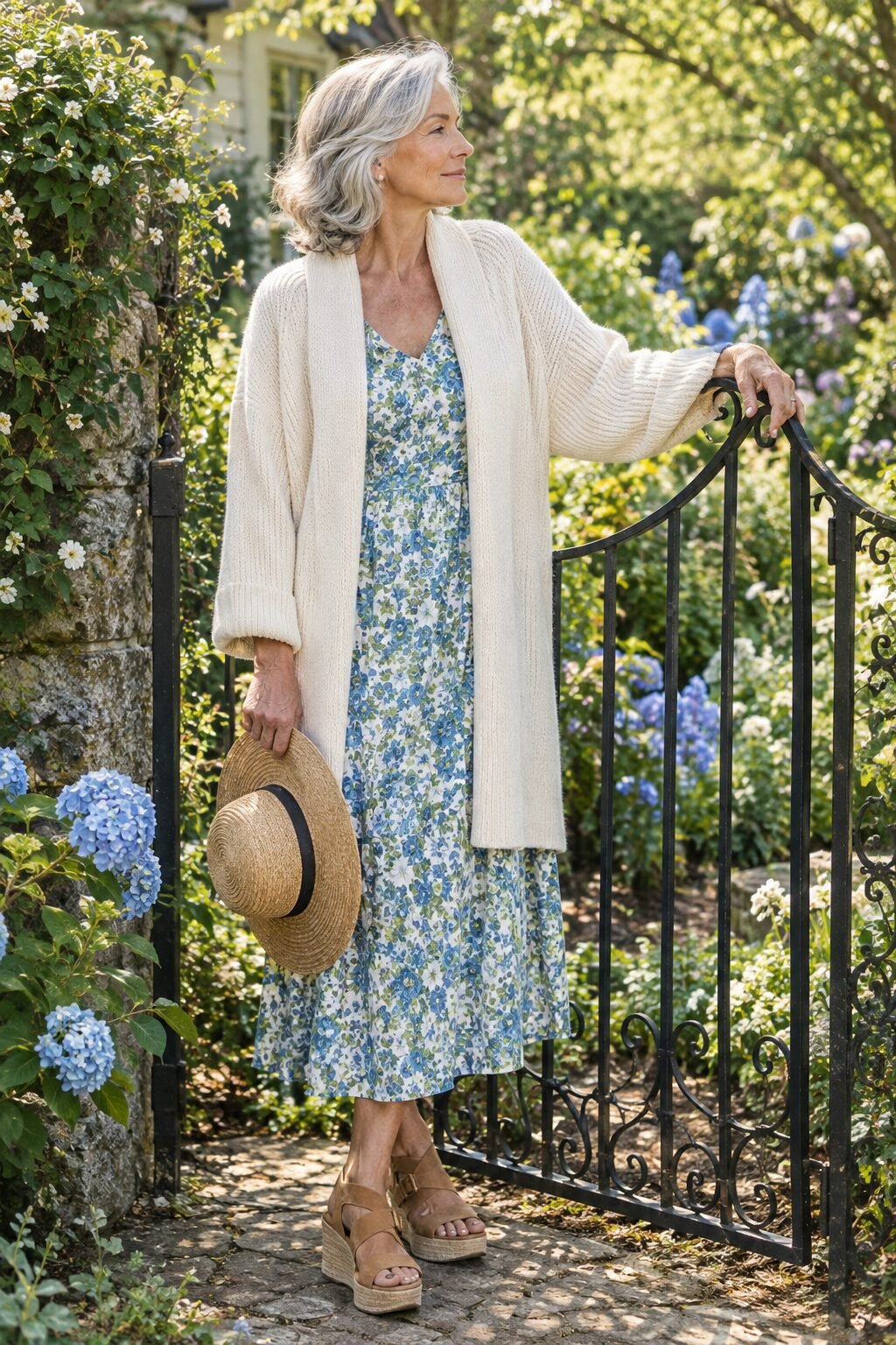 how to style a cardigan for women in their 70s: ivory cashmere cardigan open over a blue floral midi dress with a tan nubuck sandal