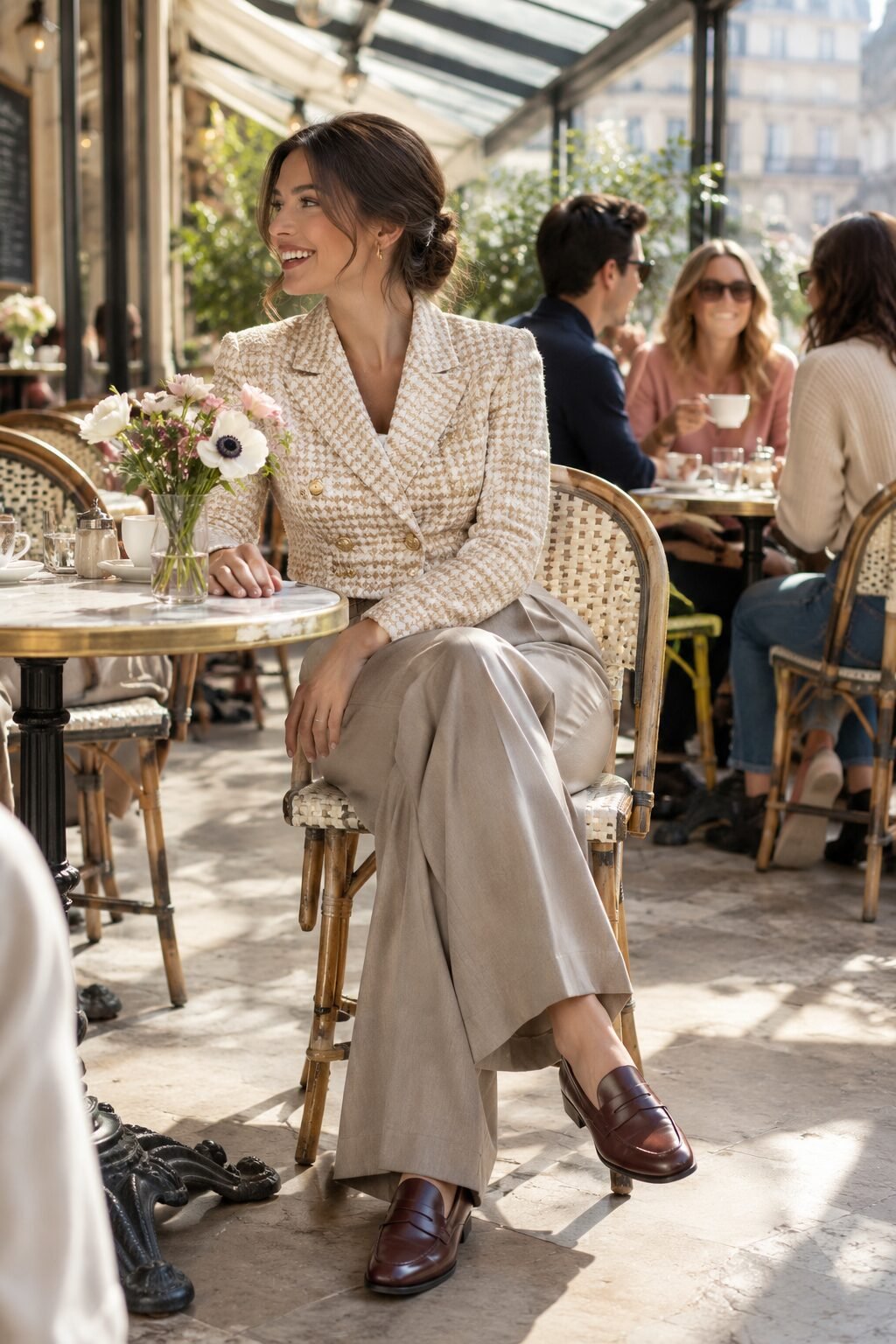 parisian chic fall outfit: cream houndstooth tweed blazer, taupe wide-leg trousers, and cocoa penny loafers for brunch