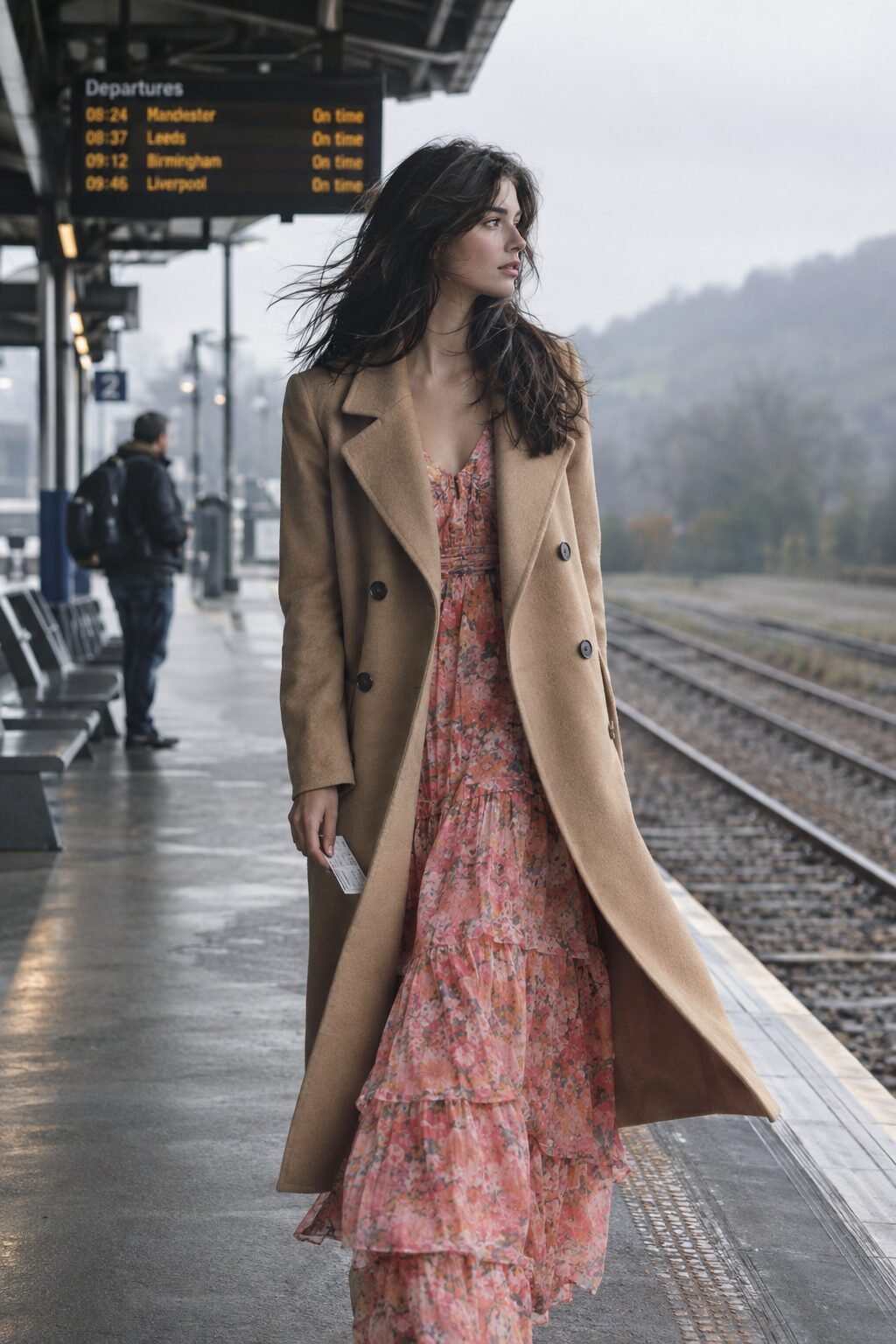 woman wearing a camel wool trench coat over a floral maxi dress, transitional fall coat outfit for a summer dress