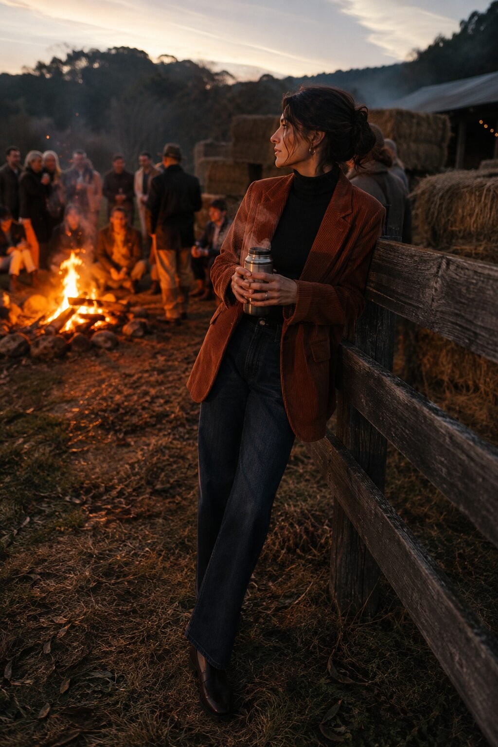 affordable Halloween outfit that looks expensive: rust corduroy blazer, black turtleneck, and dark denim
