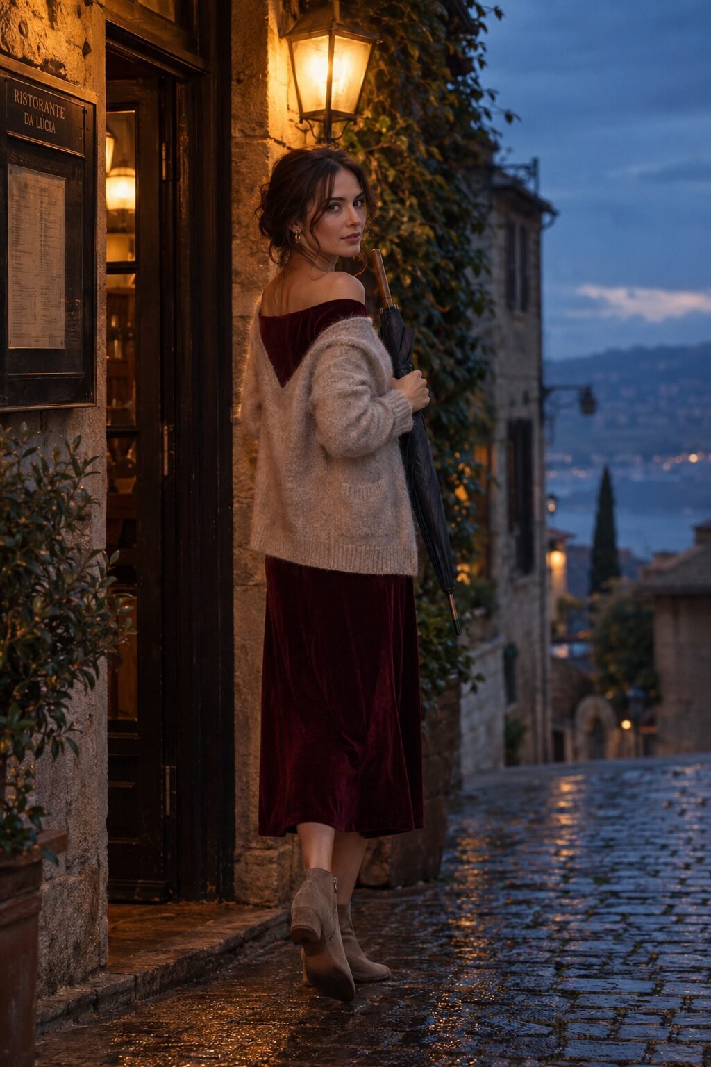 comfortable elegant heels for date night: low heel ankle boots with a burgundy velvet midi dress and cashmere cardigan