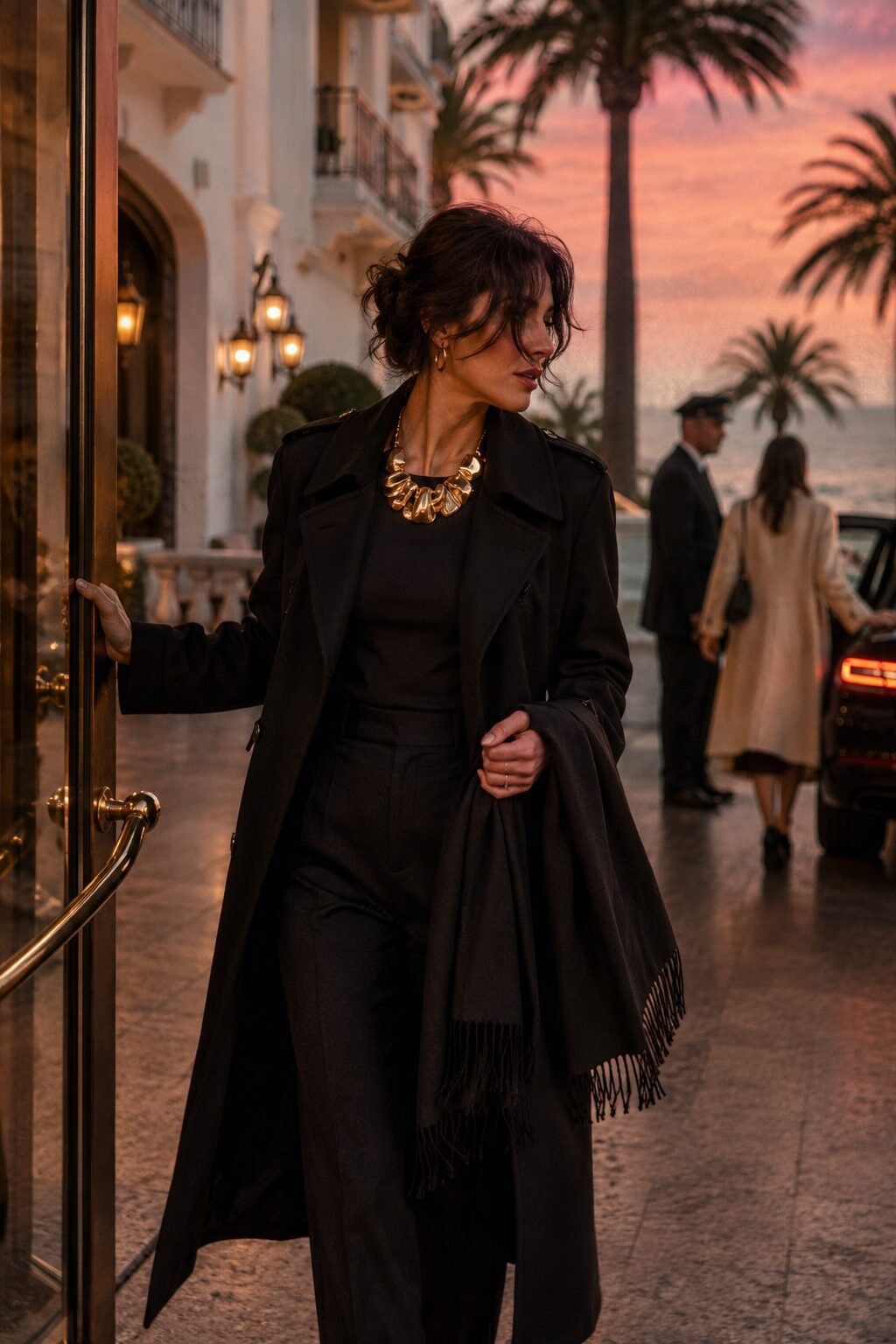 how to style a black trench coat with statement jewelry: black trench over a plain fitted base with a bold gold statement necklace