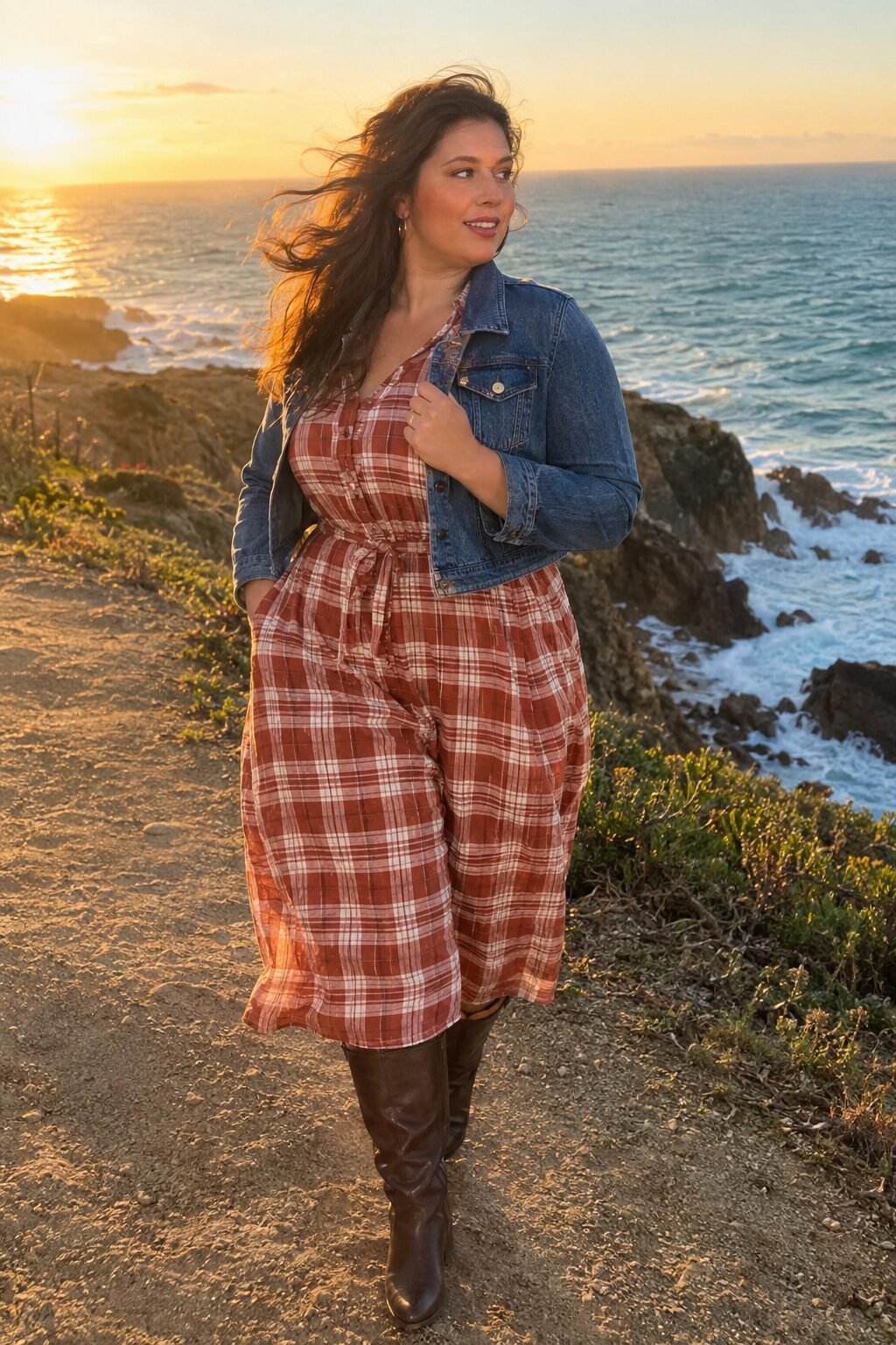 plus size fall outfit idea: rust and cream plaid shirtdress with chocolate brown knee-high boots