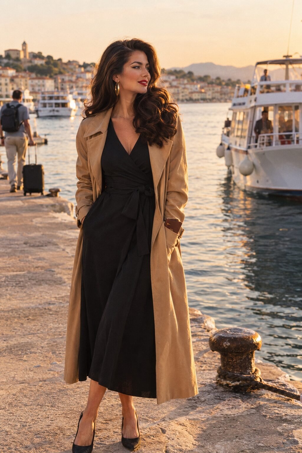 travel day outfit: black wrap dress layered under a camel trench coat