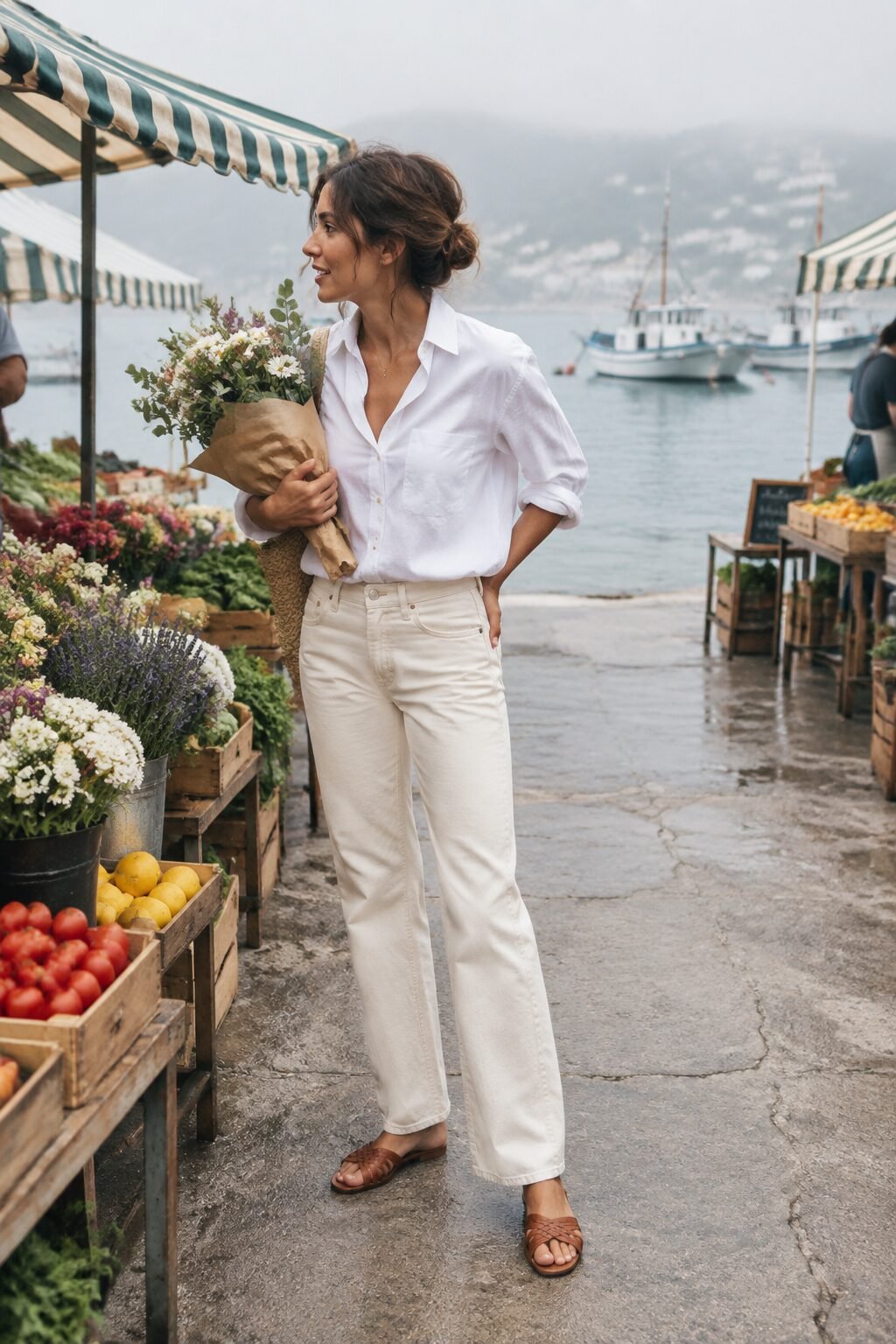 farmers market rainy day outfit: white button-down shirt and ecru straight-leg jeans