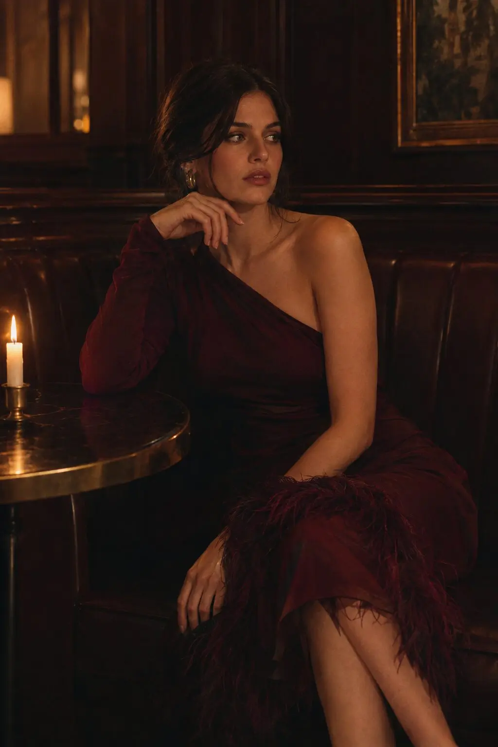 old hollywood prom dress: deep wine feather trim midi cocktail dress