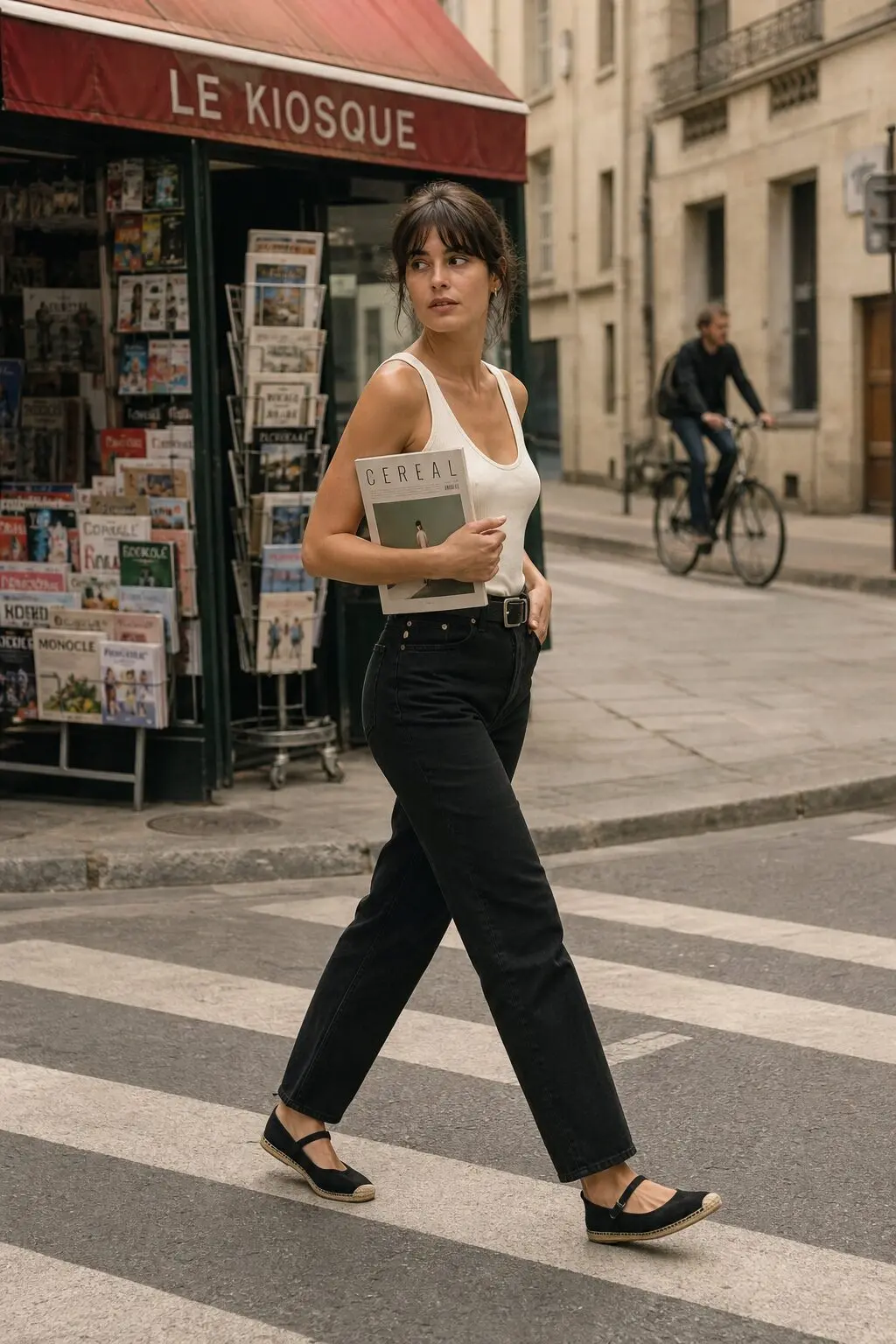 carolyn bessette style casual weekend outfit: dark straight-leg jeans with a chunky black metal belt and espadrille mary janes