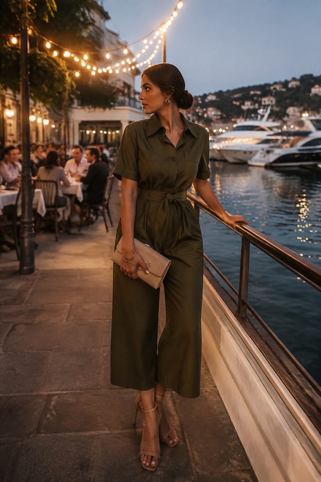 elegant outfits for running late: olive green wide-leg utility jumpsuit cinched at the waist