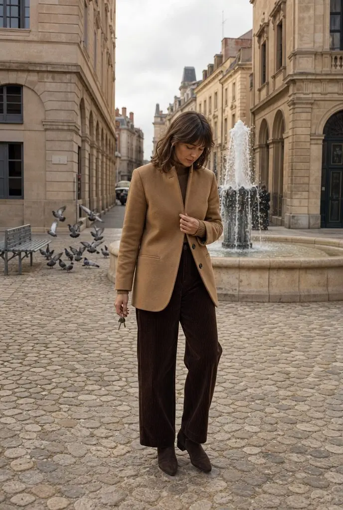 camel blazer buttoned over a caramel turtleneck and chocolate brown corduroy trousers with ankle boots, tailored fall outfit