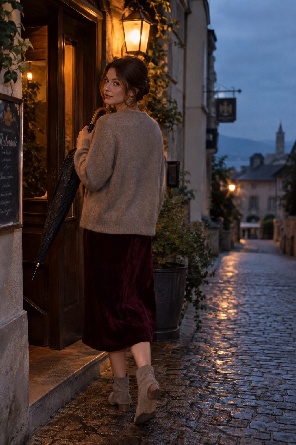 comfortable elegant heels for date night: low heel ankle boots with a burgundy velvet midi dress and cashmere cardigan