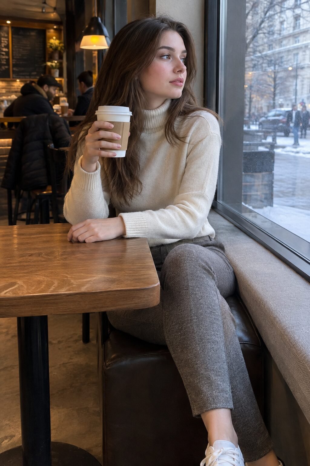coffee-meeting outfit for meeting his parents for the first time: ivory cashmere turtleneck tucked into stone grey slim trousers
