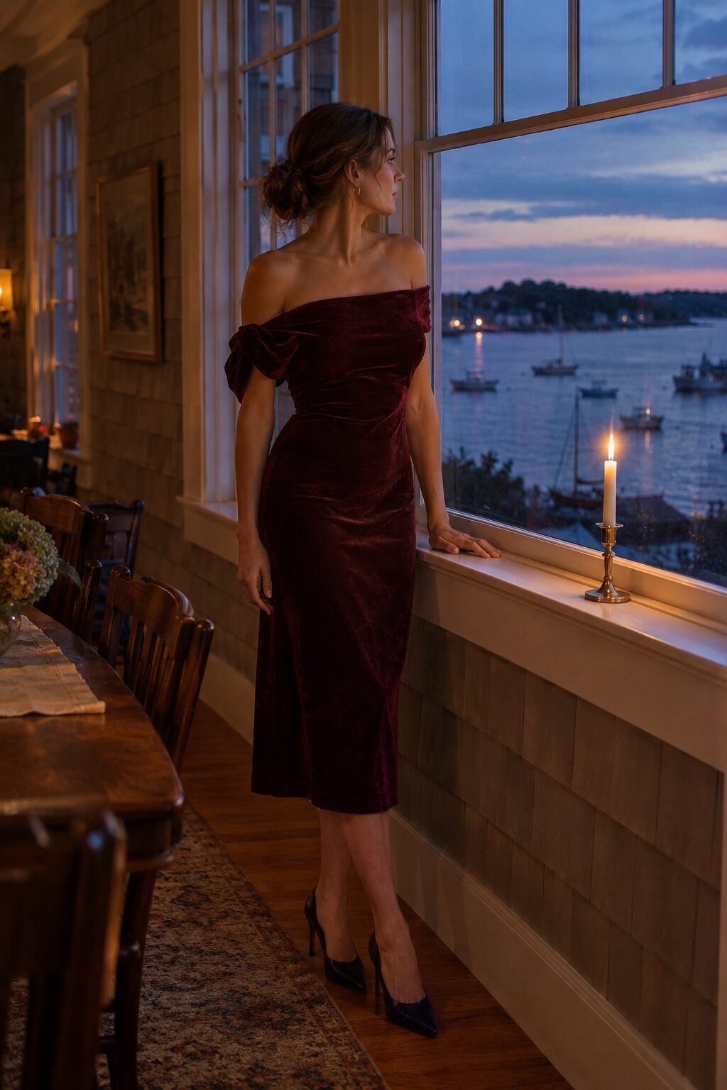 dressy thanksgiving dinner outfit: burgundy velvet midi dress and black pointed pumps