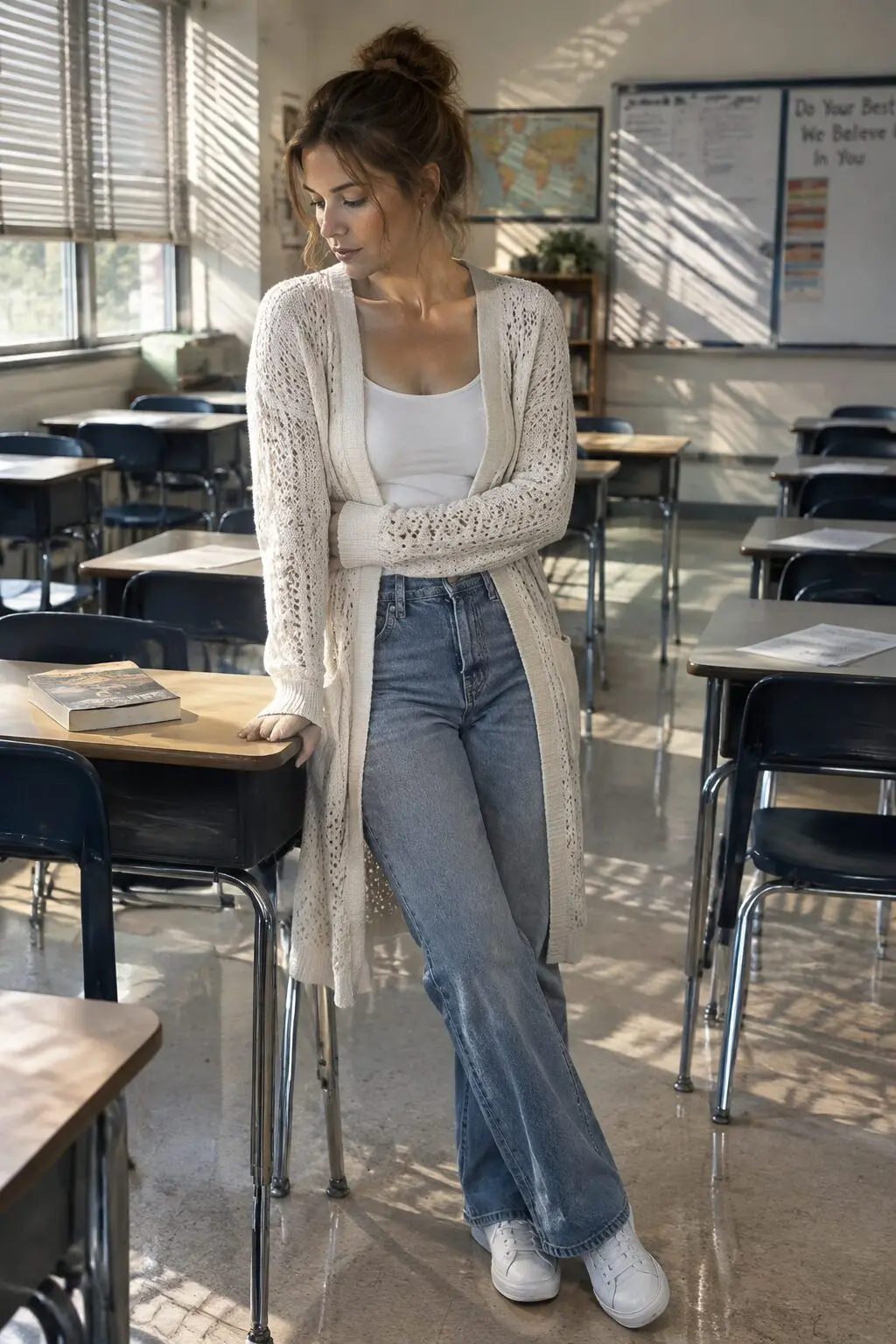 testing week teacher outfit: ivory pointelle knit cardigan, white tank, and straight-leg jeans