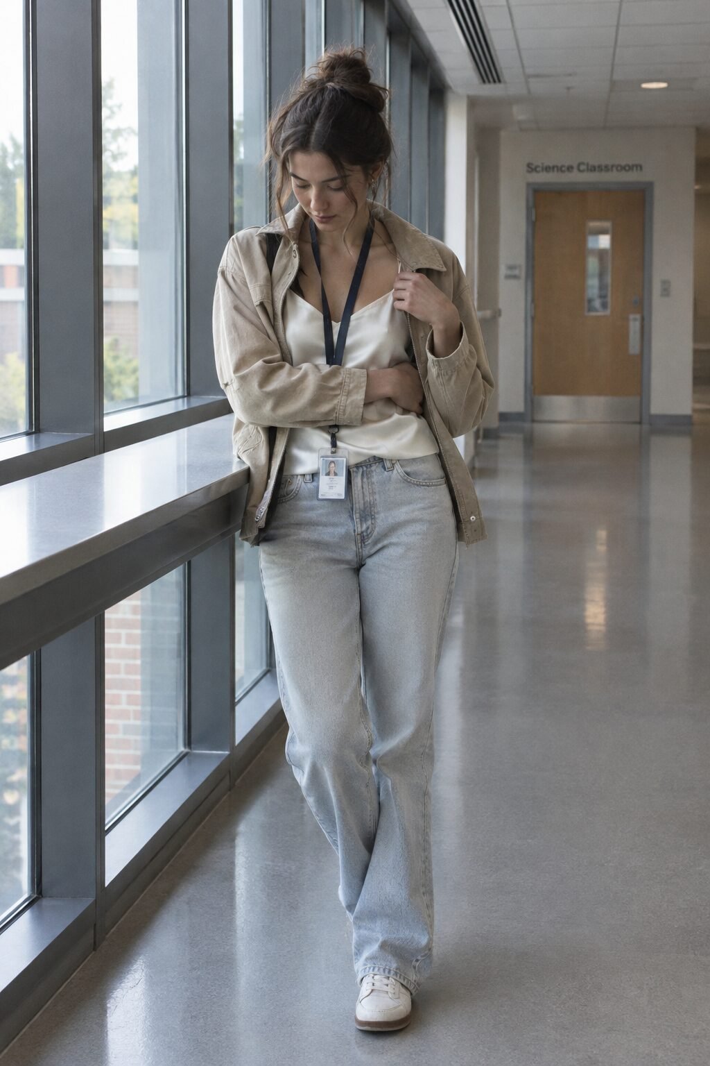 layered college outfit: beige zip-front barn jacket over an ivory silk cami and straight-leg jeans
