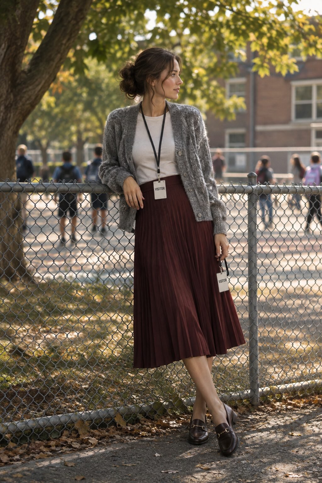 burgundy pleated midi skirt and grey cardigan, a classic first day of school drop-off outfit