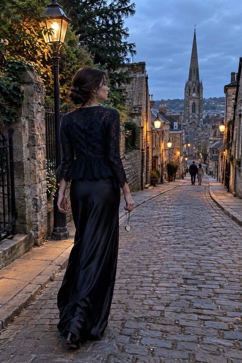 gothic Victorian Halloween outfit: black satin maxi skirt with navy jacquard and black lace top
