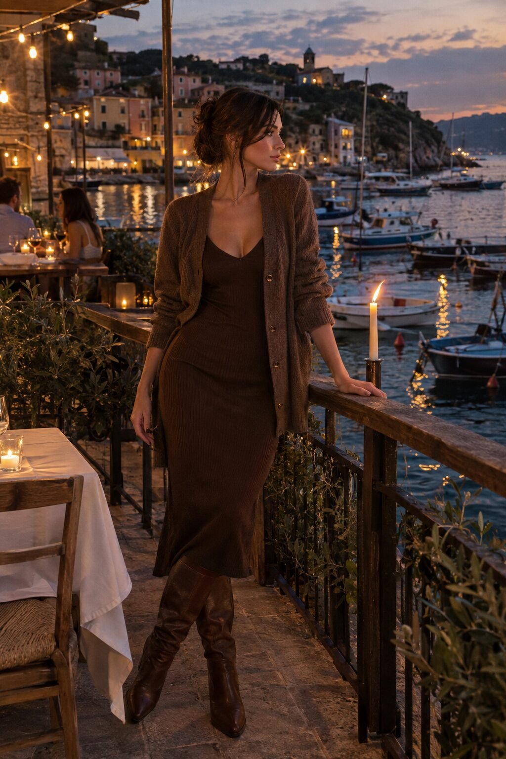 date night classy winter outfit: chocolate cashmere cardigan, brown slip dress, tall boots