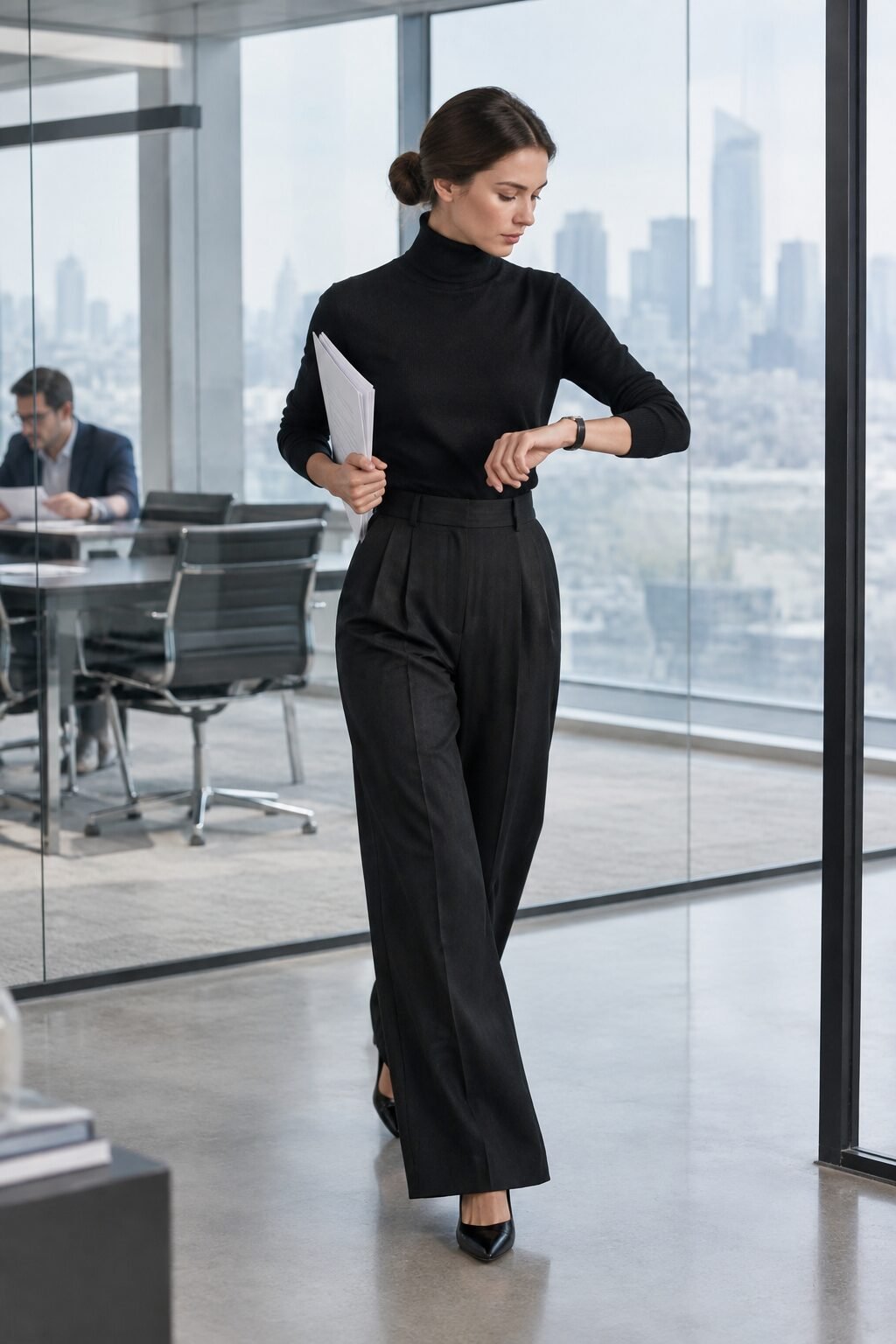 black cashmere turtleneck tucked into high-waist pleated black trousers, a charcoal monochrome office outfit that looks expensive