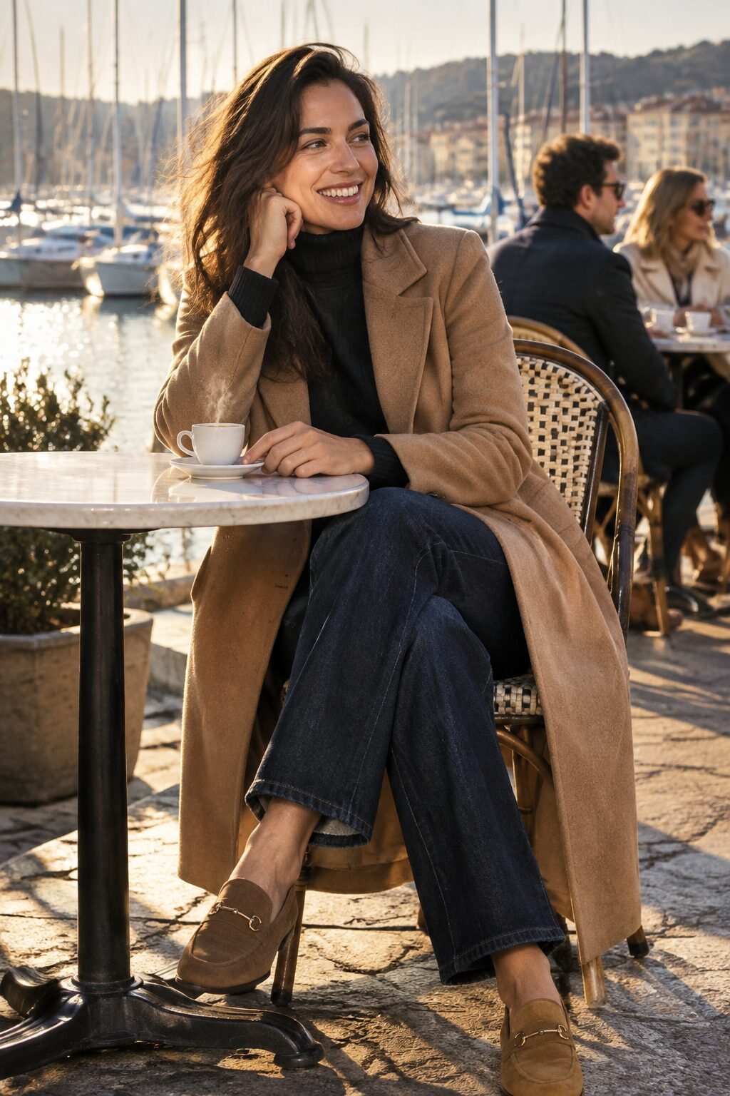 old money winter brunch outfit: black turtleneck, dark indigo jeans, and camel wool wrap coat