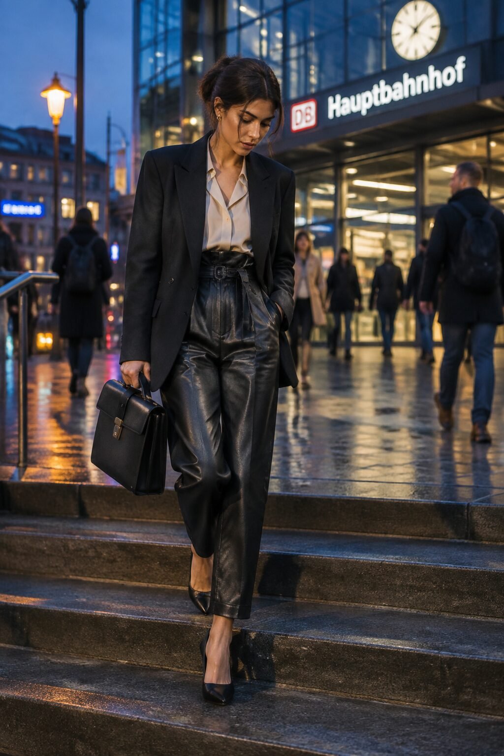 work holiday party outfit: black faux leather pants with silk blouse and structured blazer