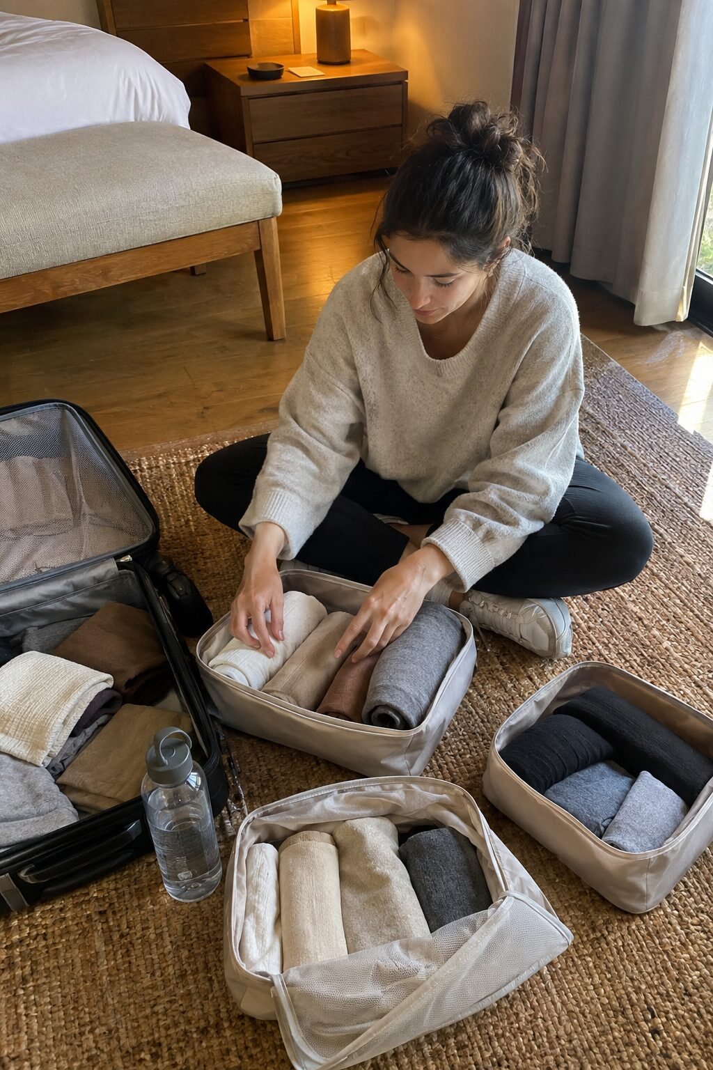 packing cubes sorted by category inside an open suitcase for winter travel