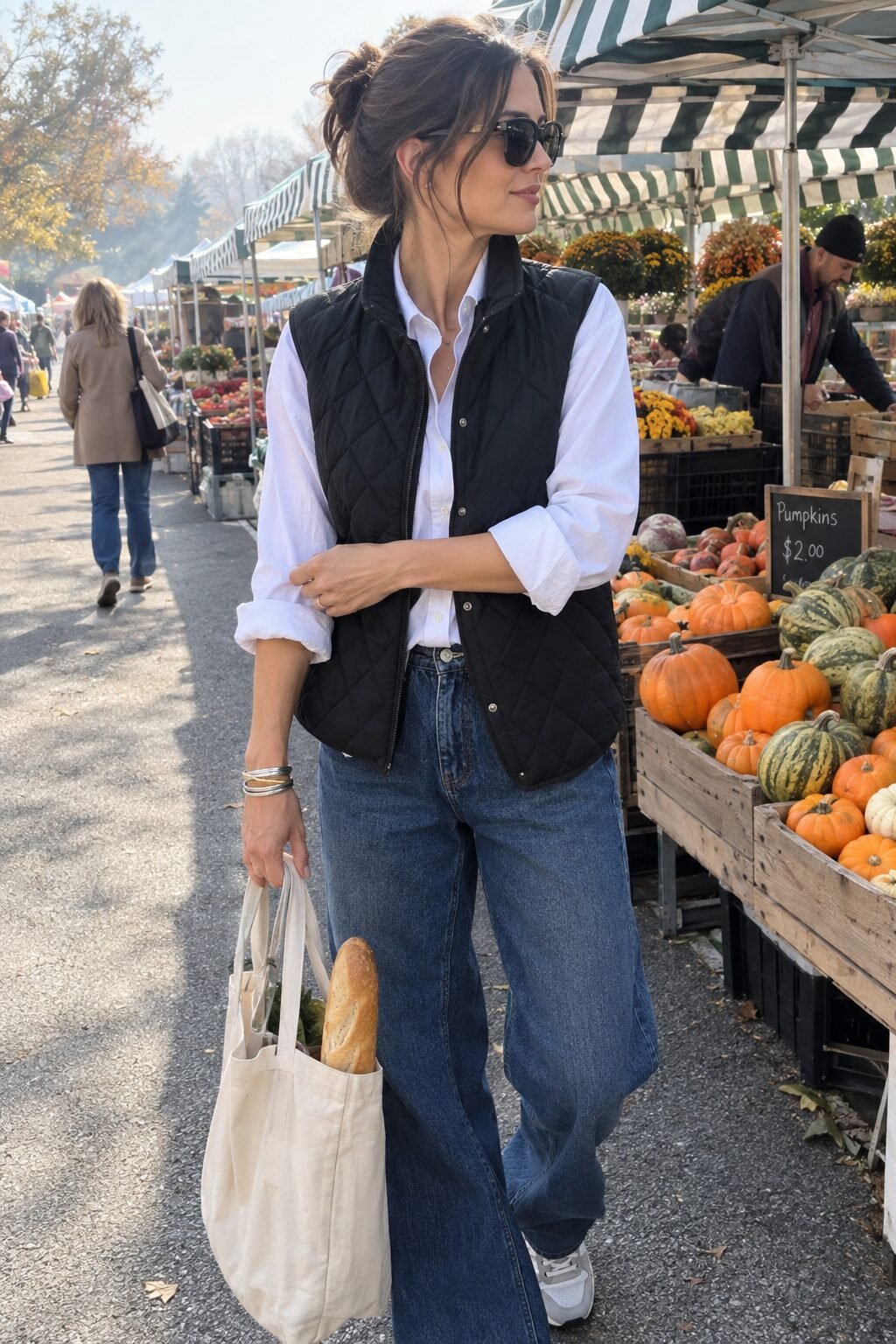 old money weekend outfit with a black quilted vest, white button-down shirt, baggy jeans, and a mixed-metal bangle bracelet