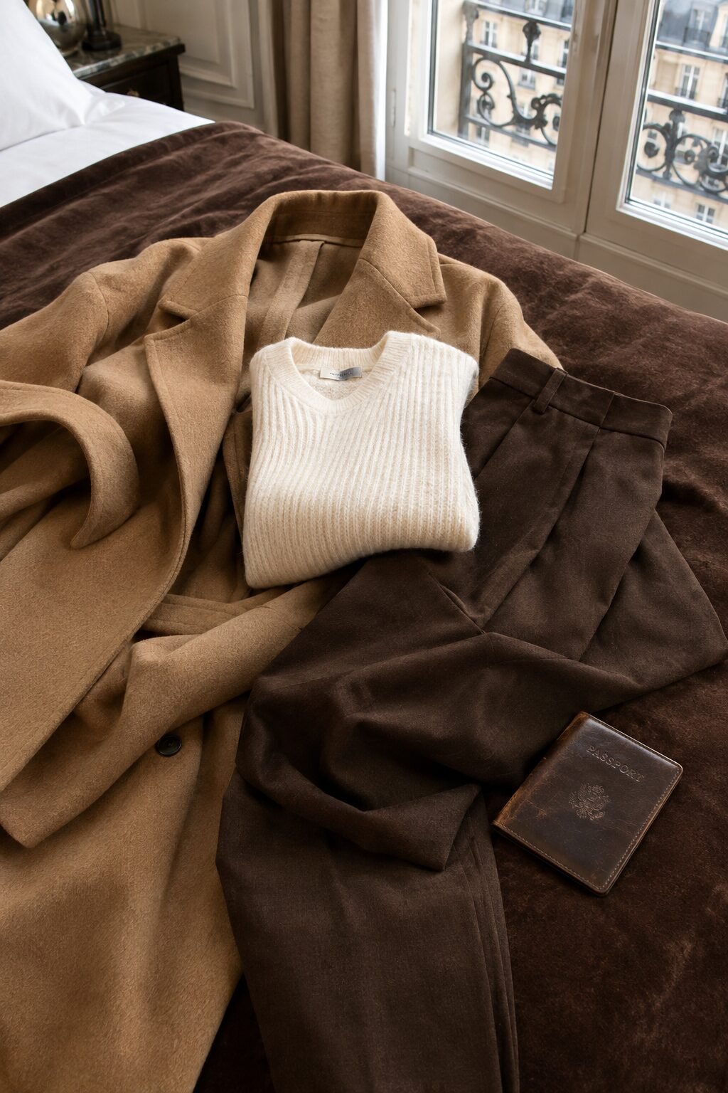 camel, cream, and chocolate colored winter clothing laid out for a Paris packing list