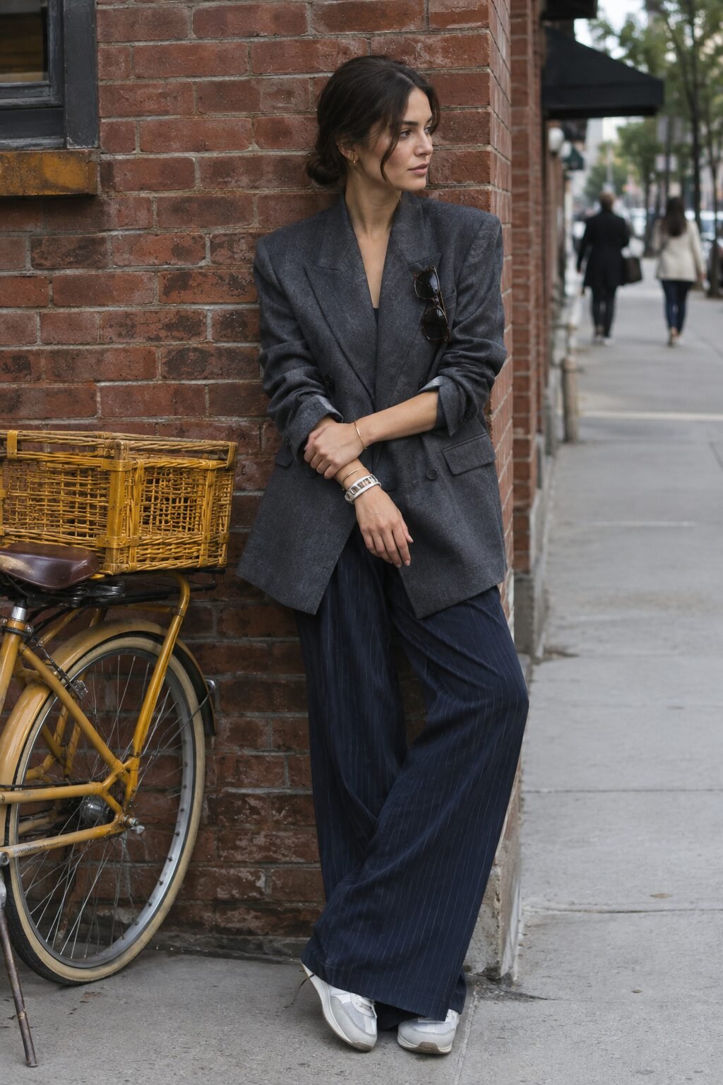 old money bracelet stacking outfit: oversized grey blazer, navy pinstripe trouser, mixed-metal bracelet stack