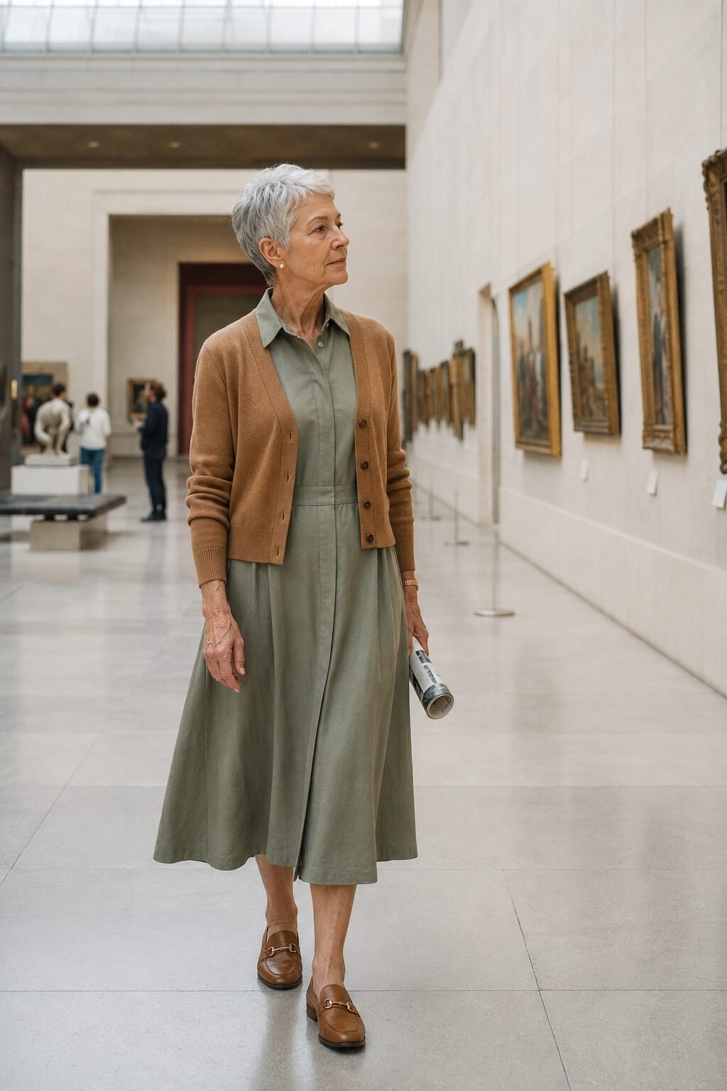 soft sage tencel shirtdress with camel cardigan and loafers, comfortable air-conditioned summer outfit for women over 70