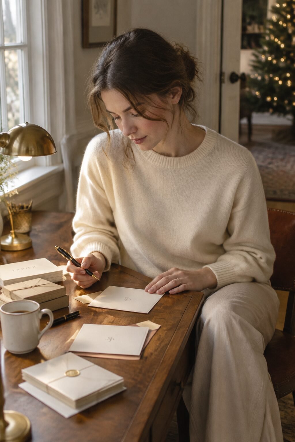 elegant woman writing a handwritten holiday card at a desk with monogrammed stationery