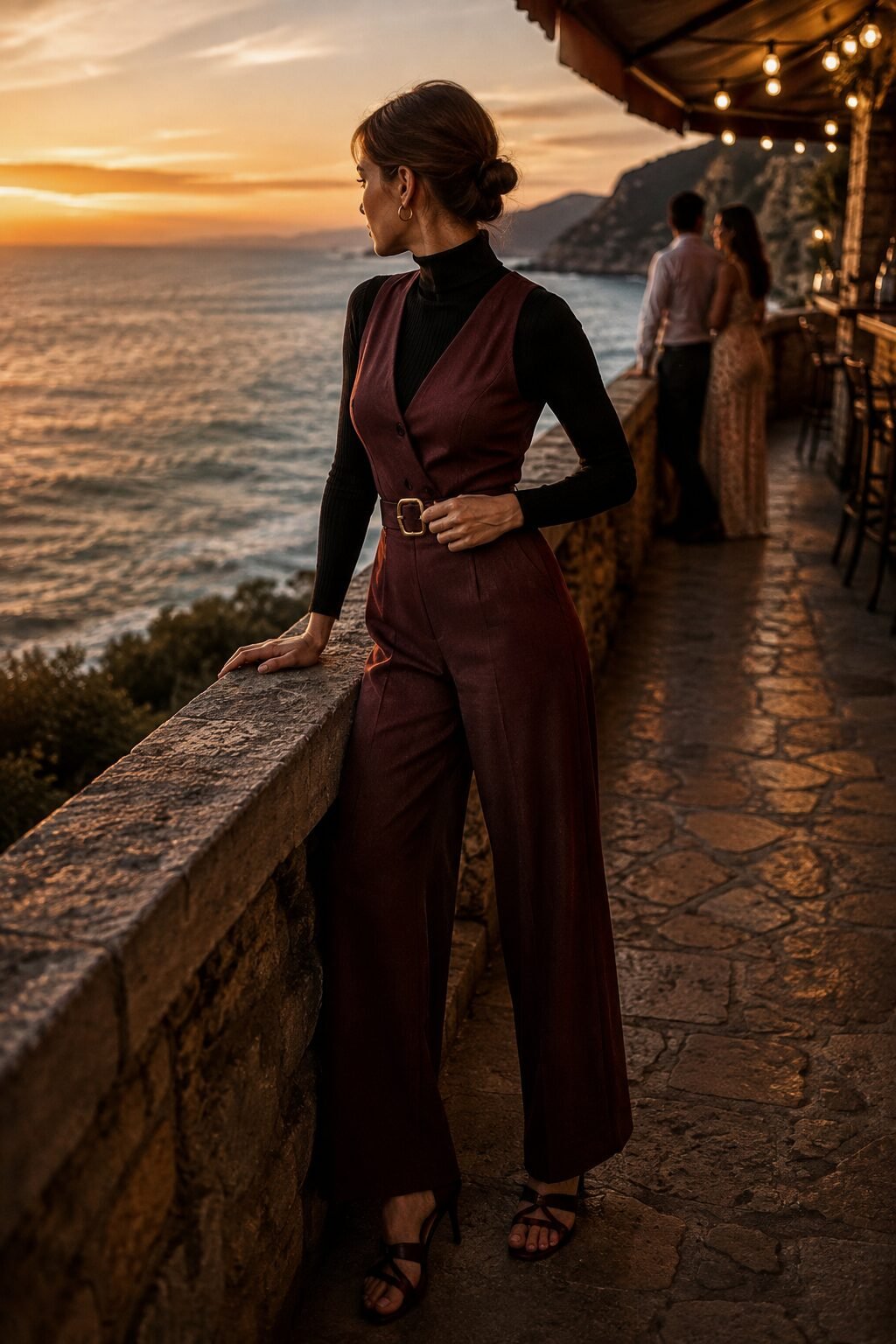 how to style a black turtleneck under a burgundy sleeveless jumpsuit for an evening Halloween party