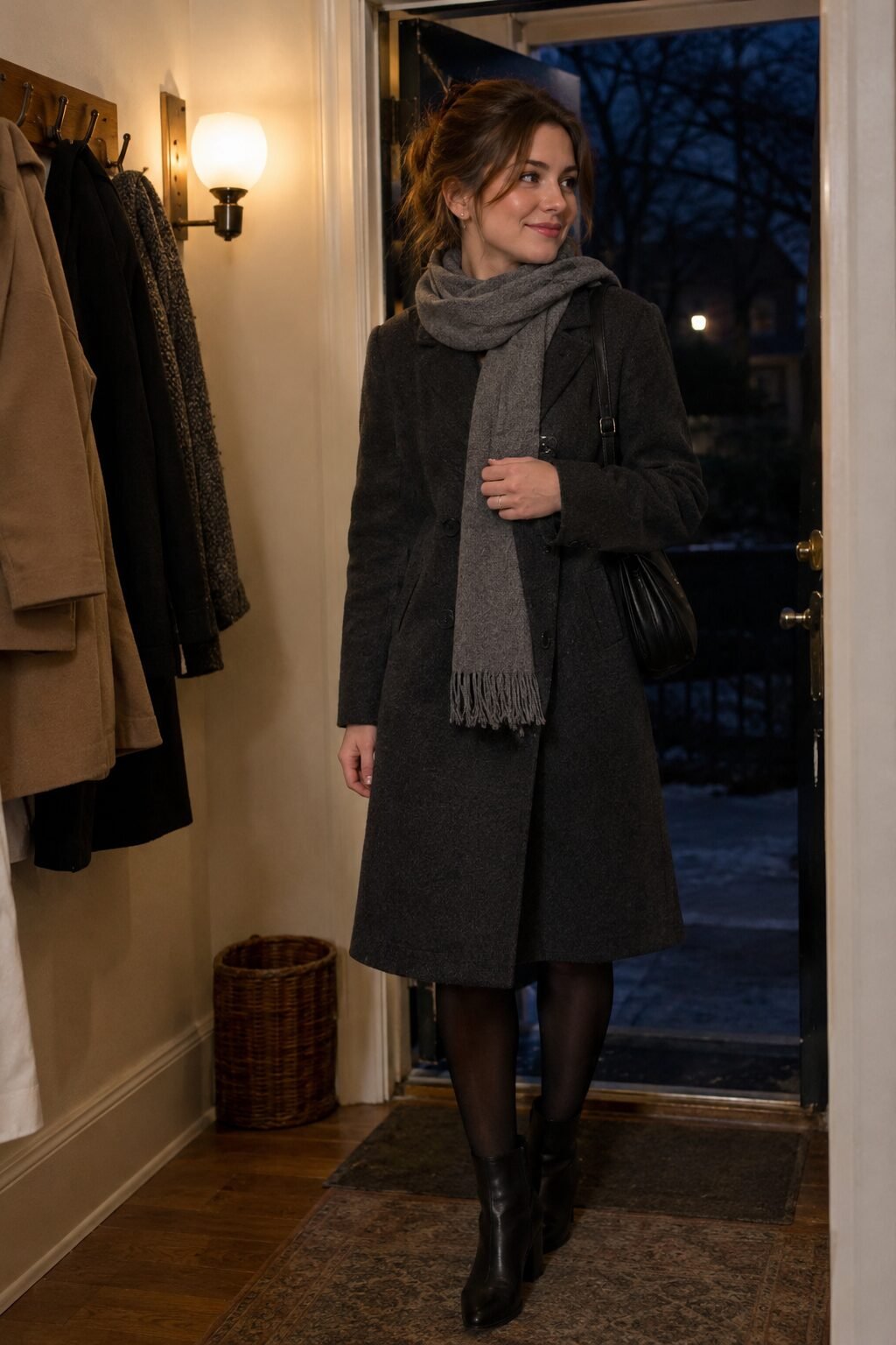 Woman putting on her coat by the door, saying goodbye at the end of a holiday party
