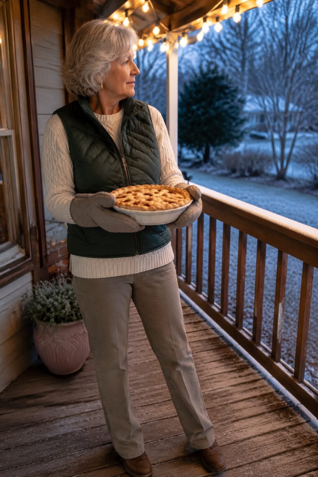 thanksgiving outfit for women in their 70s: cream cable-knit sweater, straight-leg trousers, and forest green quilted vest for hosting in cold weather