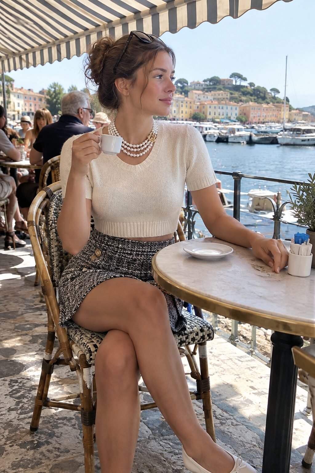 old money date night outfit: peppercorn bouclé tweed mini skirt with a layered pearl necklace