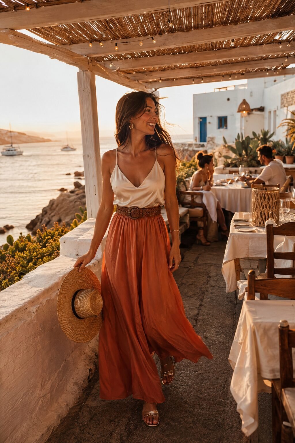 silk camisole tucked into a high-waisted floor-length maxi skirt