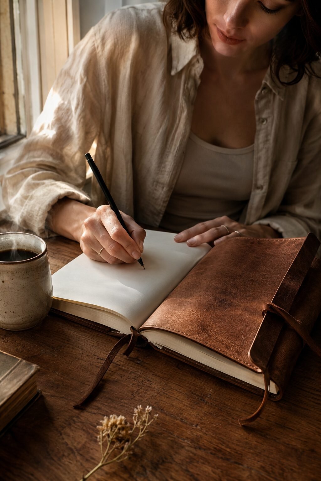 Writing in a leather journal with coffee nearby