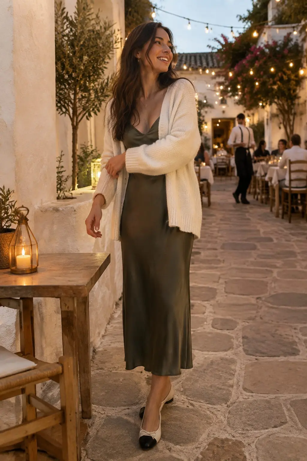 olive silk slip dress outfit for fall dinner with oversized cream cardigan and ballet flats