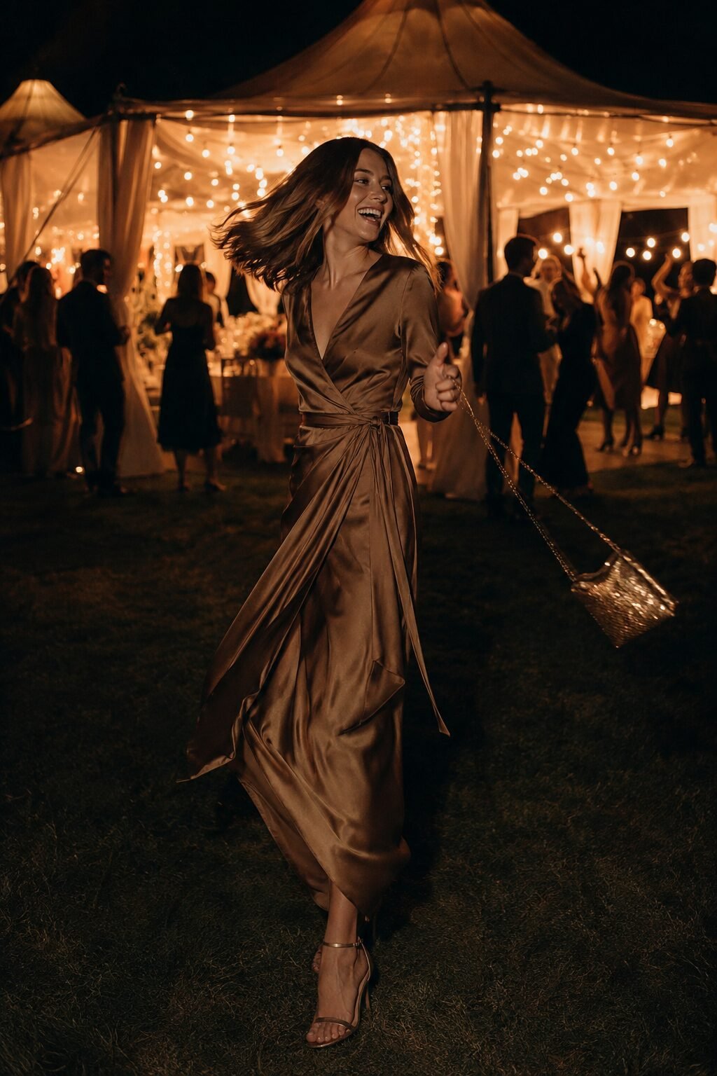 how to style a wrap dress with an embellished clutch: bronze wrap dress and gold-beaded clutch for late-night reception dancing