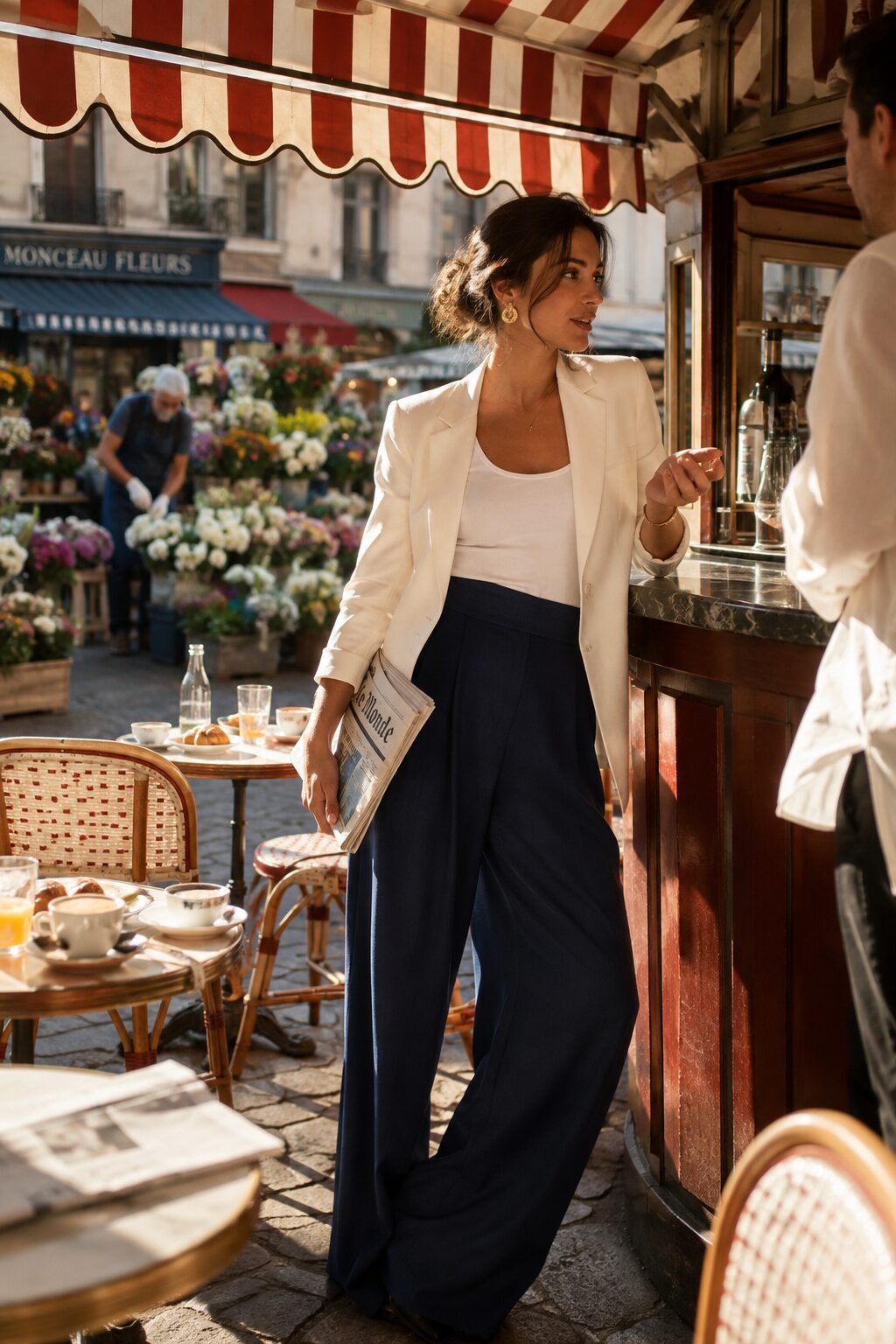 navy palazzo pants and white blazer weekend away outfit for an elevated brunch