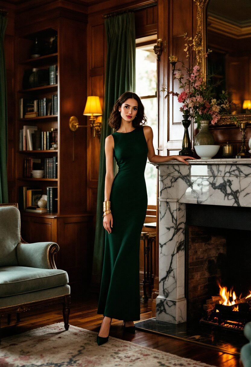 monochrome forest green elegant holiday party outfit with gold accent, old money color styling