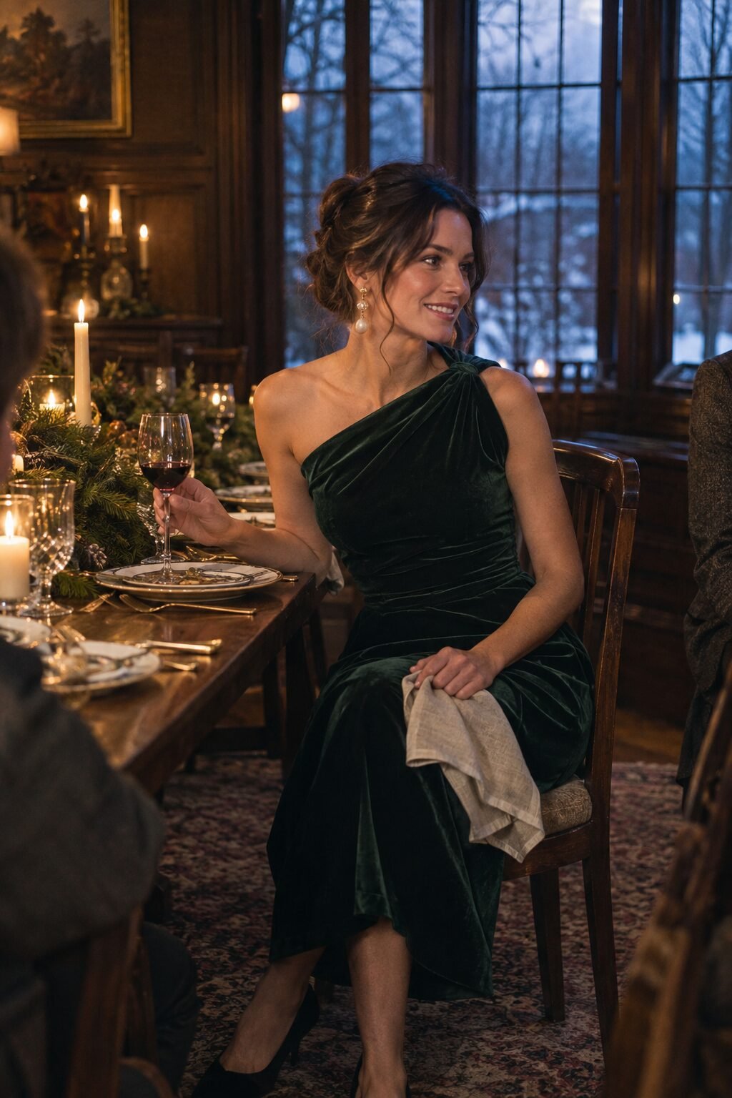 formal christmas dinner outfit: forest green velvet asymmetric midi dress with bold gold and pearl drop earrings