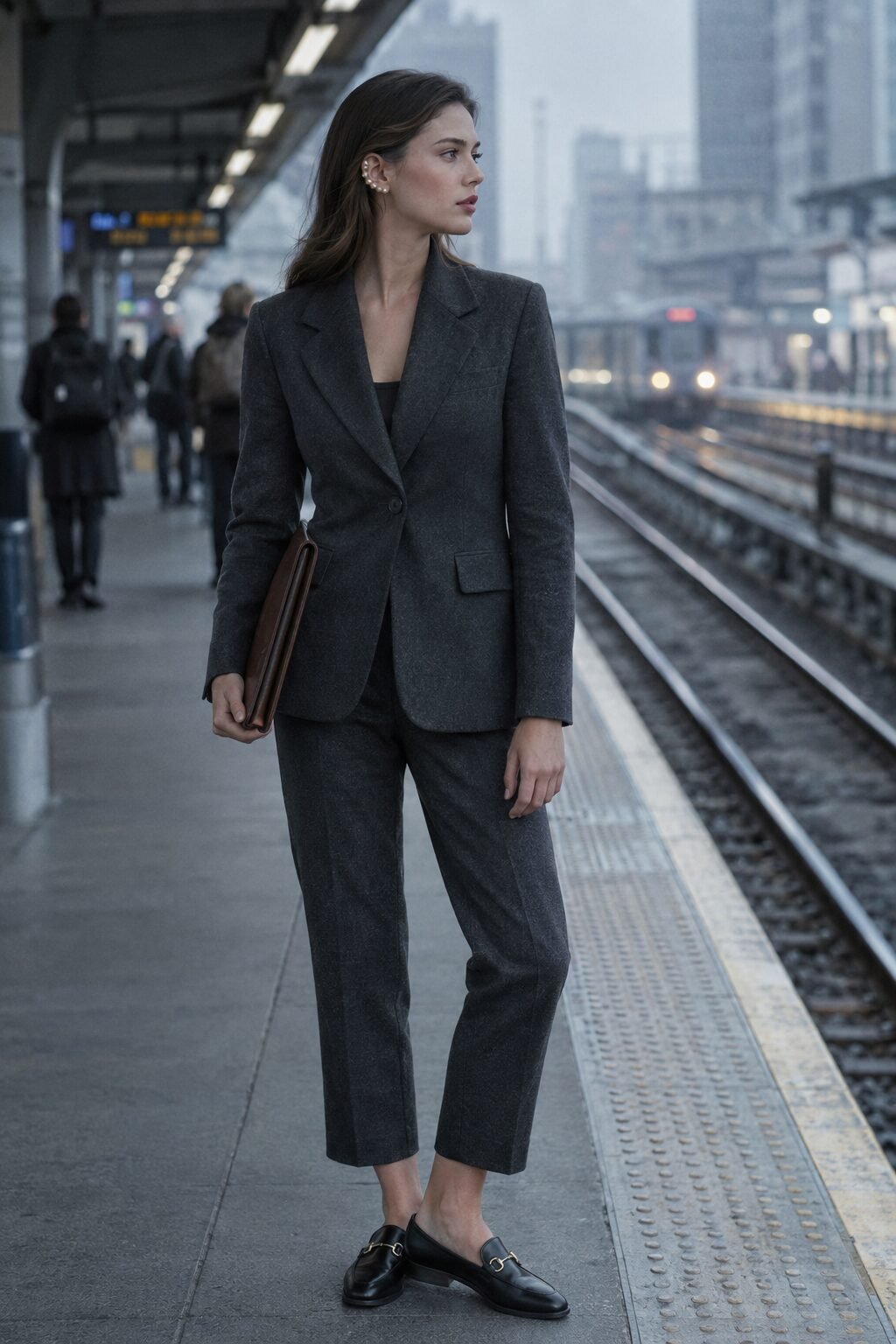 old money pearl outfit, modern office: charcoal grey blazer and trousers with a mismatched single pearl ear cuff